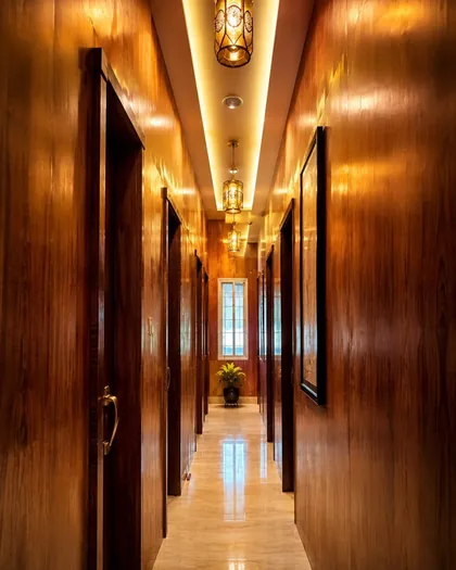 Warm-lit corridor leading to private therapy rooms