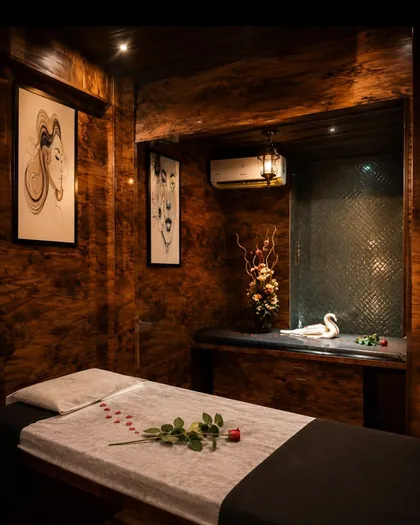 Massage room with tiled shower suite and rose decor